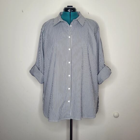 Calvin Klein 3X Black White Pinstripe Button Up Roll Tab Collared Top Vaudeville - Picture 4 of 10